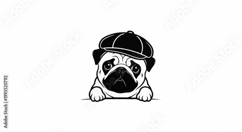 Sad pug in a flat cap peeking over a ledge