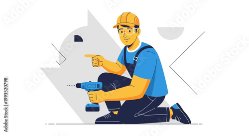 Construction worker with drill, pointing at wall, flat illustration style