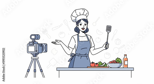 Chef Filming Cooking Show with Camera and Fresh Ingredients