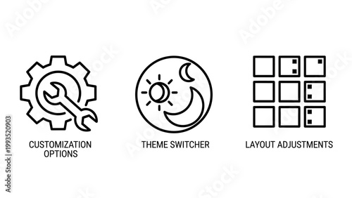 Interface customization theme and layout adjustment icons set with customization interface settings adjustment software development configuration preference minimalist computer application