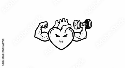 Muscular heart lifting a dumbbell, showing strength and power
