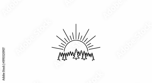 Minimalist line art of sun rising over a forest