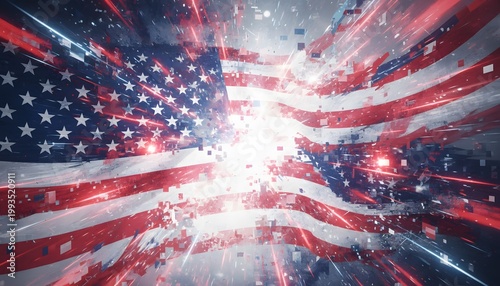 Dynamic American Flag Waves with Light Burst