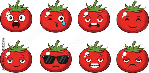 
Cute Tomato Cartoon Emoji Sticker Set Vector Illustration with Funny Cool Angry Crying and Happy Face Expressions