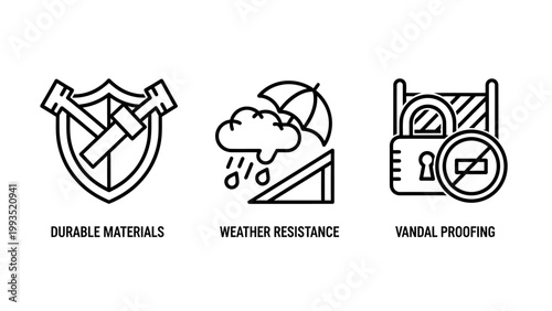 Infrastructure durability weather resistance and vandalism protection icons set with durability resistance vandalism protection materials umbrella security prevention infrastructure equipment