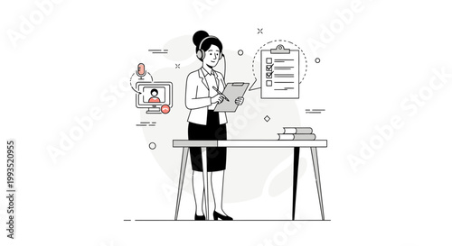 Businesswoman with headset taking notes, online meeting, checklist, modern office concept