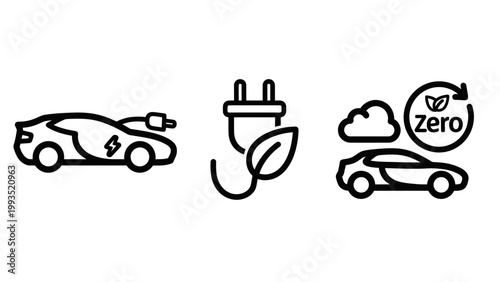 Electric vehicle sustainable energy icons set representing eco friendly driving and zero emission charging with electric car electric plug thin line electric charging sustainable emission