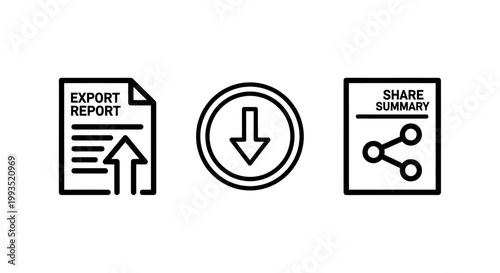 Document export report and file sharing icons set representing data management and information transfer with arrow down business process document download transfer information management