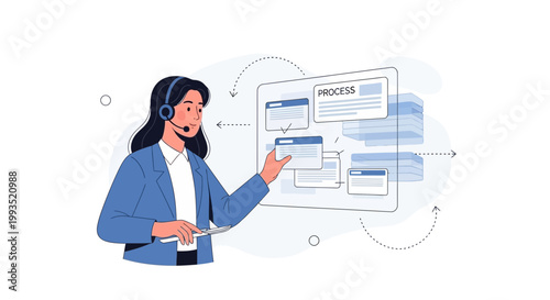 Businesswoman with headset presenting process flow chart on a digital board, workflow concept
