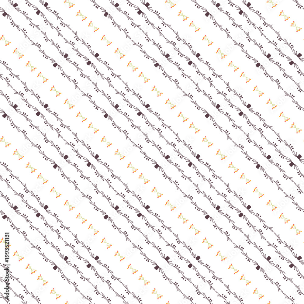 Fototapeta premium Floral Seamless Pattern With Diagonal Vine and Small Yellow Flowers on White Background