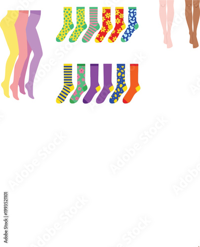 Colorful Socks and Legs Collection Vector Illustration with Patterned Hosiery, Fashion Footwear Accessories and Different Styles of Casual Socks Set