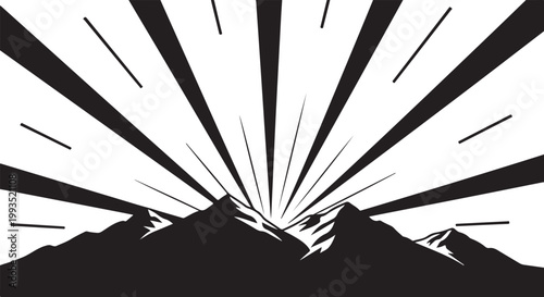 Mountain sunrise, black silhouette, vector landscape, sunrise rays, mountain range
