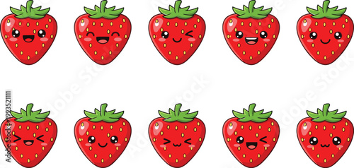 
Kawaii Strawberry Cartoon Emoji Sticker Set Vector Illustration with Cute Funny and Happy Face Expression Collection