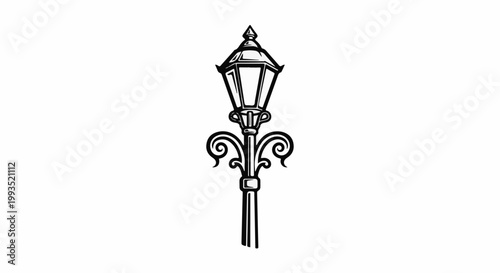 Ornate vintage lamppost in black and white silhouette style