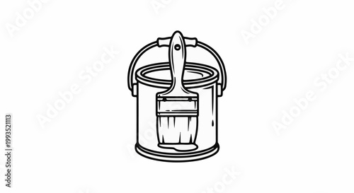 Outline drawing of an open paint can with a brush and dripping paint