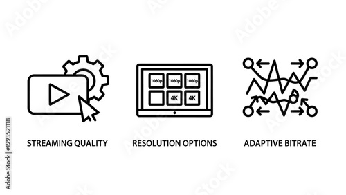 Set of three digital media line icons representing streaming quality resolution options and adaptive bitrate streaming resolution technology optimization bandwidth connection interface