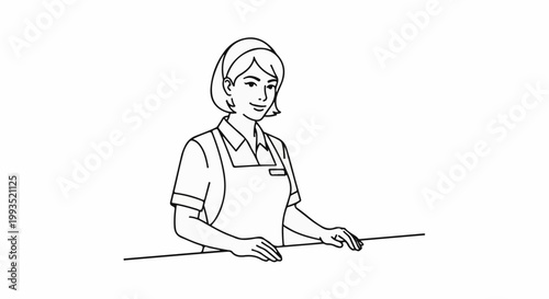 Line art of smiling woman in apron standing behind counter