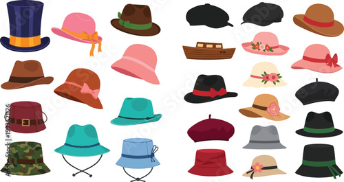 Colorful Hat Collection Vector Set Featuring Fashion Caps, Bucket Hats, Berets, Cowboy and Vintage Headwear Icons for Style Design Projects