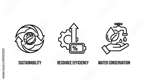 Set of environmental sustainability icons illustrating nature conservation resource efficiency and water preservation sustainability resource efficiency conservation environment percentage