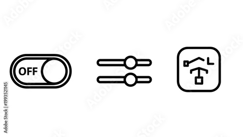 Digital control panel settings and configuration icons with settings adjustment interface configuration preferences application software elements minimalist monochrome isolated background