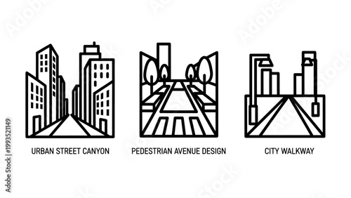 Urban infrastructure and city landscape line icons with building pedestrian infrastructure architecture metropolitan downtown landscape exterior buildings construction planning crosswalk