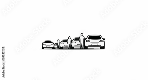People next to cars of varying sizes, arranged in a line