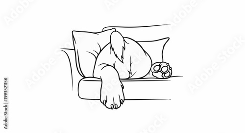 Line drawing of a furry creature's paw resting on a sofa cushion