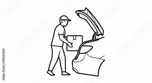 Person in cap loading a box into an open car trunk