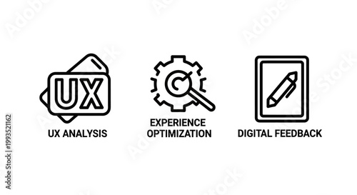User experience analysis and digital feedback icons with analysis experience optimization feedback usability research interface evaluation improvement performance customer magnifying