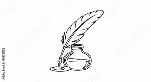 Quill pen dipped in an inkwell with a blot of ink