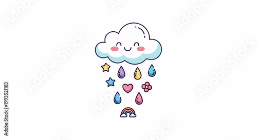 Kawaii smiling cloud raining colorful drops, stars, heart, flower, rainbow