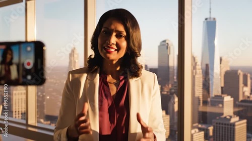 Empowered woman professionally records video content in a modern cityscape office, inspiring connection and showcasing successful urban entrepreneurship