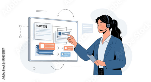 Businesswoman with headset and phone presenting process flow chart on screen