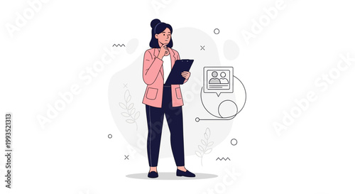 Businesswoman with Clipboard, Thinking, Planning, and Analyzing Data