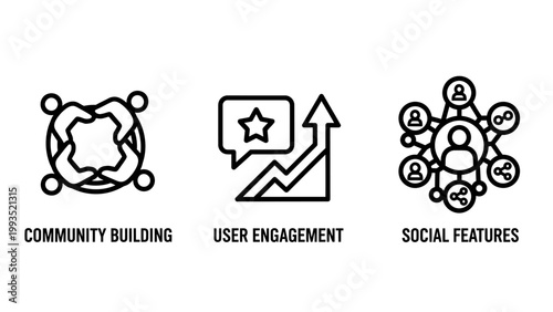 Community building and user social engagement outline icons set with community building engagement connections interaction communication feedback platform collaboration teamwork membership