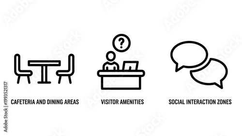 Office amenities and social interaction icons set with cafeteria furniture amenities reception interaction breakroom information conversation communication customer workplace facility