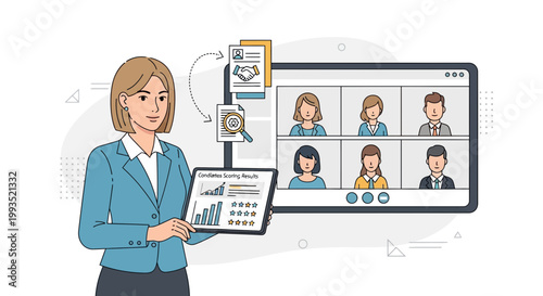 Businesswoman presenting online meeting results and candidate scoring on tablet