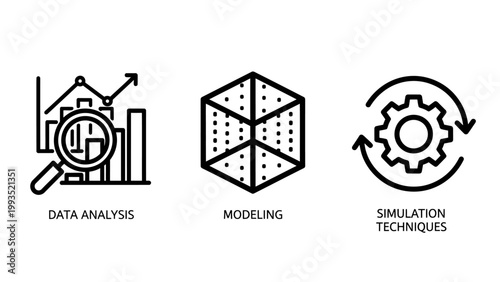 Set of data science and engineering icons including data analysis modeling simulation techniques with analysis modeling simulation techniques engineering analytics magnifying research business