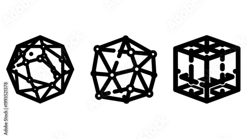 Set of geometric shape wireframe line art icons including dodecahedron and cube with three dimensional geometric wireframe dodecahedron polyhedron mathematics geometry structure abstract