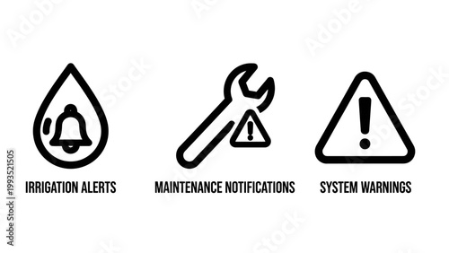 Irrigation alerts maintenance notifications and system warnings icons with irrigation maintenance notifications warnings attention monitoring infrastructure agricultural technical management