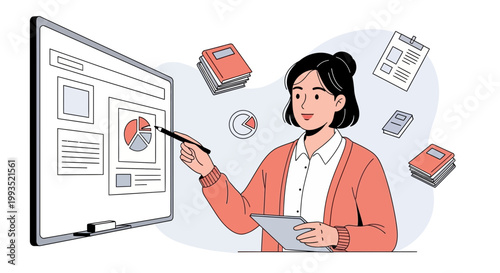 Businesswoman presenting data on a whiteboard with charts and graphs, surrounded by books.