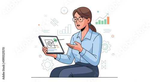 Businesswoman presenting data on tablet, charts and gears background