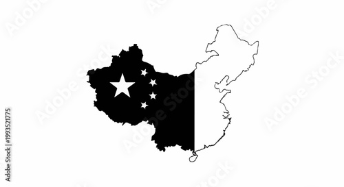 Map of China split, half black with stars, half white outline