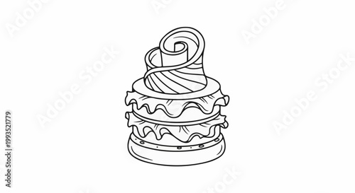 Stylized multi-layered pastry with frosting and swirl topping