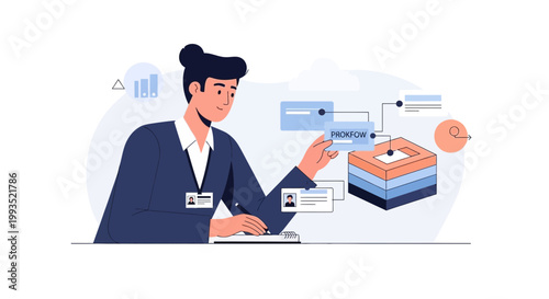 Businesswoman Analyzing Data Flow and Project Management with Workflow Visualization