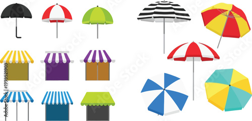 Colorful Umbrella and Market Stall Awning Vector Set with Beach Parasols, Outdoor Shades, and Street Shop Canopies for Summer Design