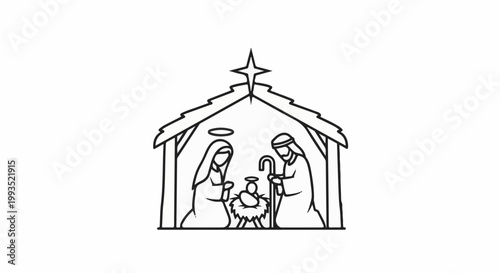Simple outline drawing of the Nativity scene inside a stable