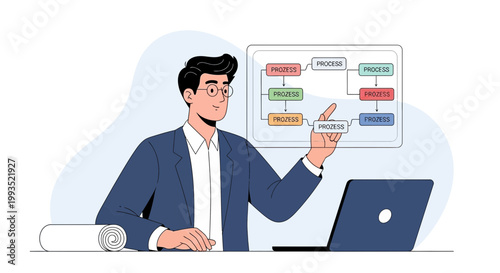 Businessman presenting flowchart on screen, business process management, strategy, planning