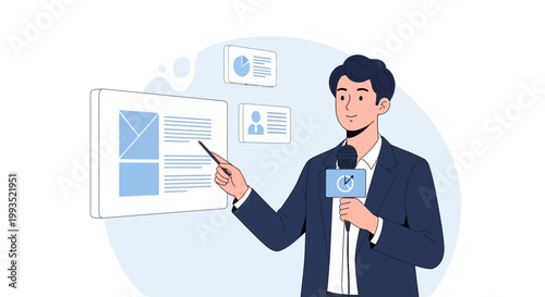 Businessman presenting data on screen with microphone, business presentation, analytics