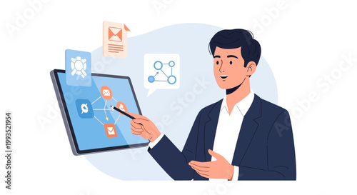 Businessman presenting digital strategy on tablet with network diagram and icons